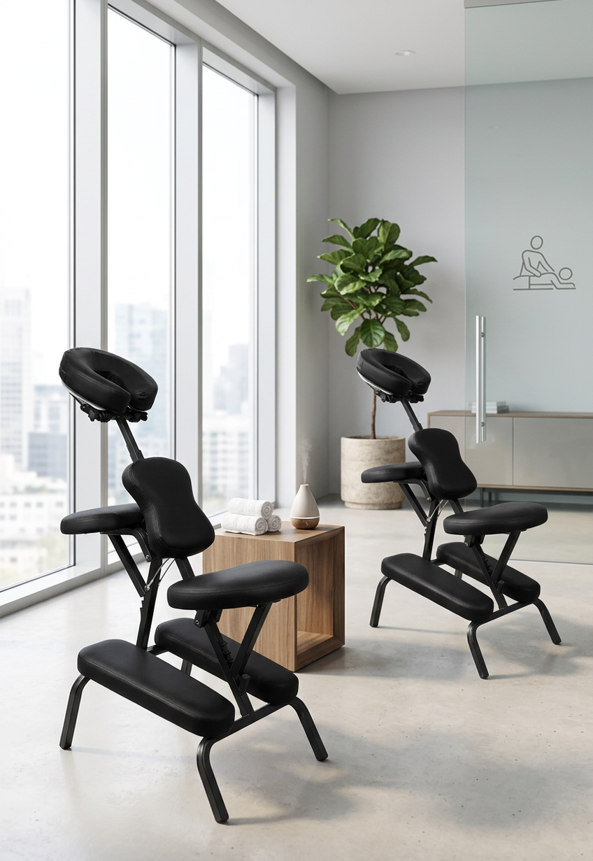 Professional portable massage chairs set up in a corporate office