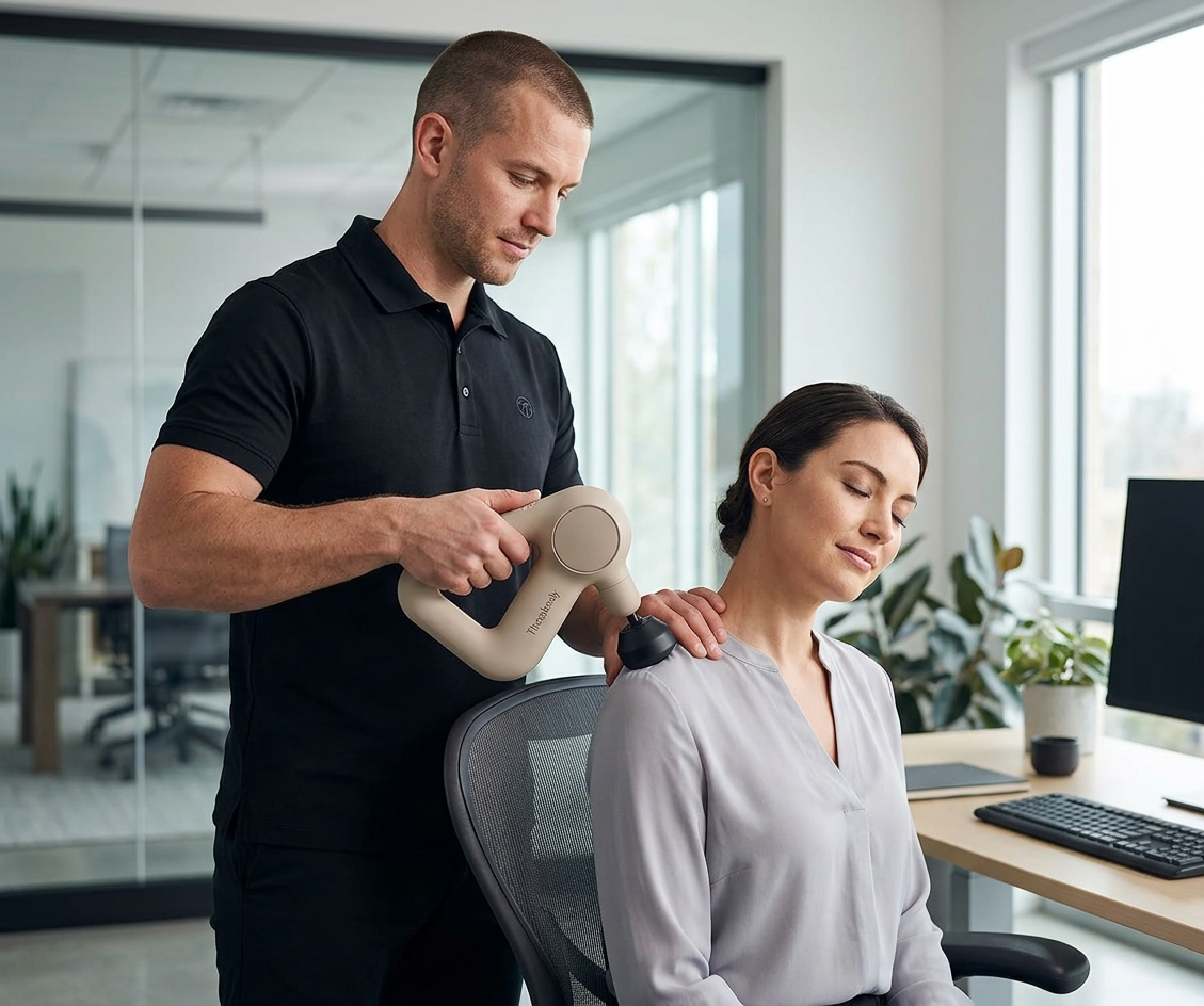 Male massage therapist delivering chair massage therapy