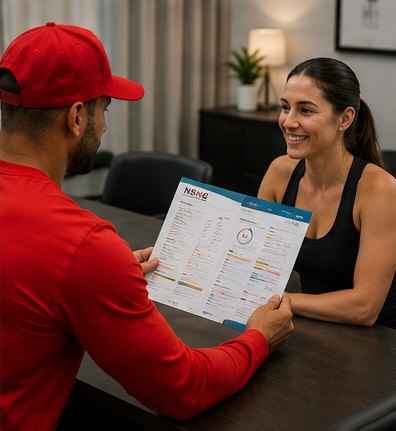 NSNG trainer handing over a printed personalised health and wellbeing report