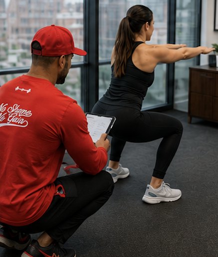 Employee completing a squat test while an NSNG trainer records the result